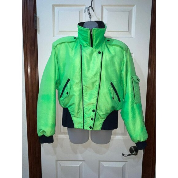 Vintage Nils Neon Green Womens Ski Jacket Size 10 Warm Retro Style With Zipper P - Picture 7 of 10